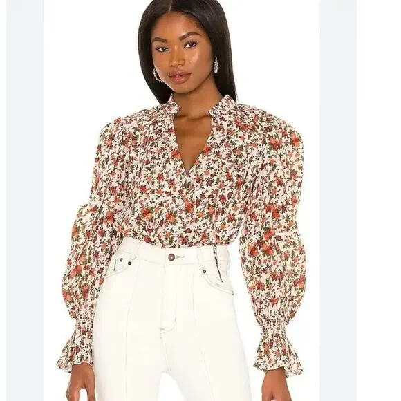 FREE PEOPLE Meant to Be Blouse Vintage Combo Boho Floral  Puff Sleeve SMALL - Picture 12 of 12